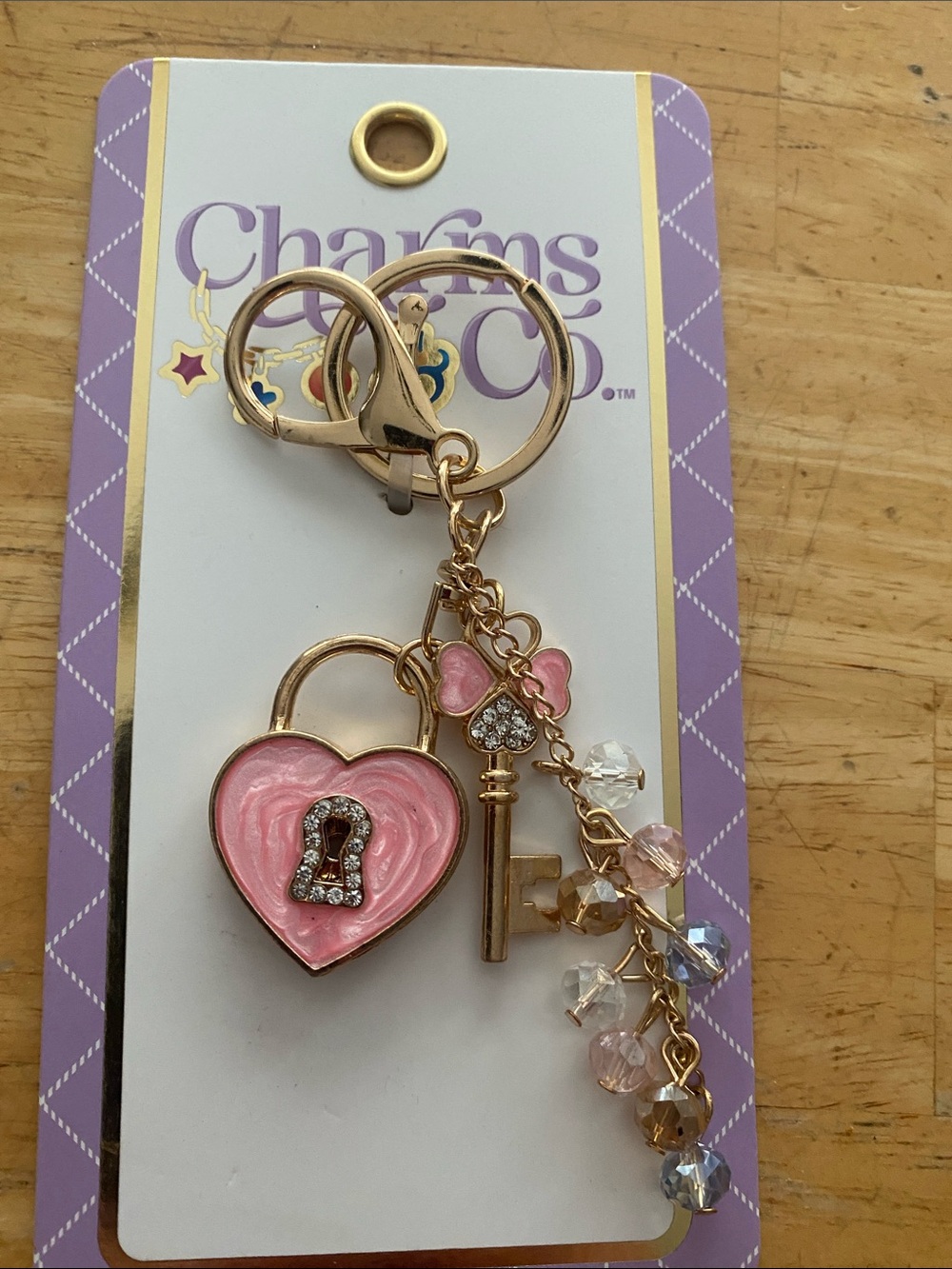 Pink & gold Heart Lock & Key Crystal bag Charm Keychain NWT